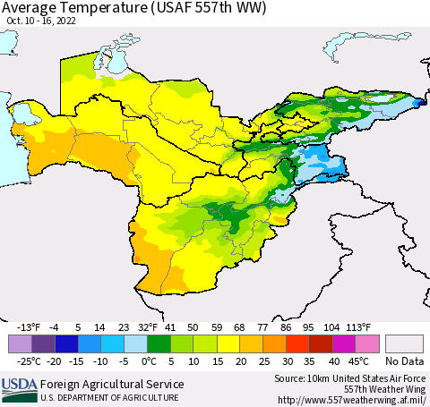 Central Asia Average Temperature (USAF 557th WW) Thematic Map For 10/10/2022 - 10/16/2022