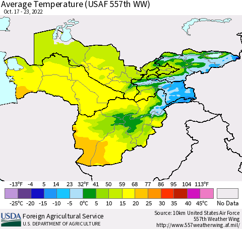 Central Asia Average Temperature (USAF 557th WW) Thematic Map For 10/17/2022 - 10/23/2022