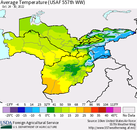 Central Asia Average Temperature (USAF 557th WW) Thematic Map For 10/24/2022 - 10/30/2022