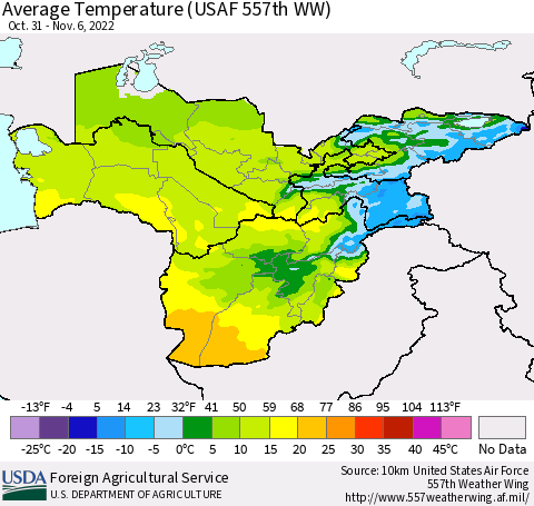 Central Asia Average Temperature (USAF 557th WW) Thematic Map For 10/31/2022 - 11/6/2022