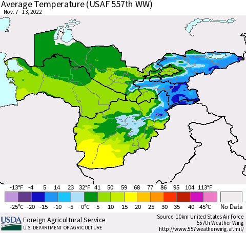 Central Asia Average Temperature (USAF 557th WW) Thematic Map For 11/7/2022 - 11/13/2022