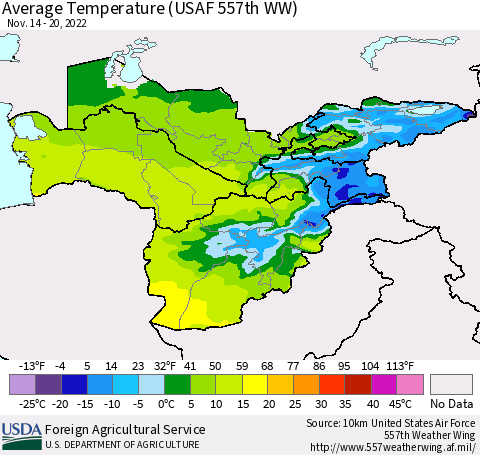 Central Asia Average Temperature (USAF 557th WW) Thematic Map For 11/14/2022 - 11/20/2022