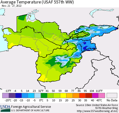 Central Asia Average Temperature (USAF 557th WW) Thematic Map For 11/21/2022 - 11/27/2022