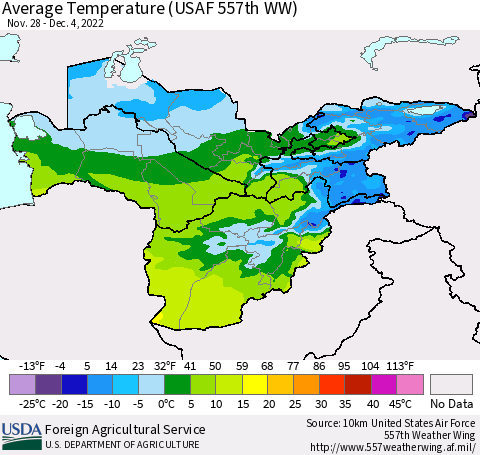 Central Asia Average Temperature (USAF 557th WW) Thematic Map For 11/28/2022 - 12/4/2022