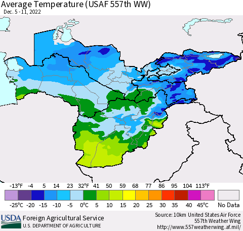Central Asia Average Temperature (USAF 557th WW) Thematic Map For 12/5/2022 - 12/11/2022
