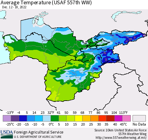 Central Asia Average Temperature (USAF 557th WW) Thematic Map For 12/12/2022 - 12/18/2022