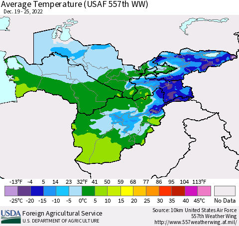 Central Asia Average Temperature (USAF 557th WW) Thematic Map For 12/19/2022 - 12/25/2022