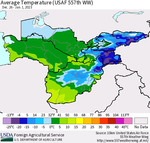 Central Asia Average Temperature (USAF 557th WW) Thematic Map For 12/26/2022 - 1/1/2023