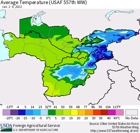 Central Asia Average Temperature (USAF 557th WW) Thematic Map For 1/2/2023 - 1/8/2023
