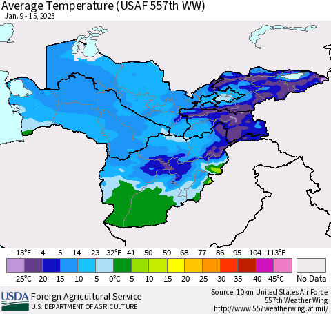 Central Asia Average Temperature (USAF 557th WW) Thematic Map For 1/9/2023 - 1/15/2023