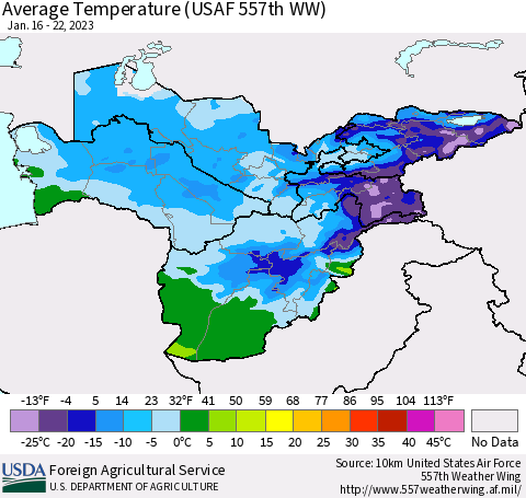 Central Asia Average Temperature (USAF 557th WW) Thematic Map For 1/16/2023 - 1/22/2023