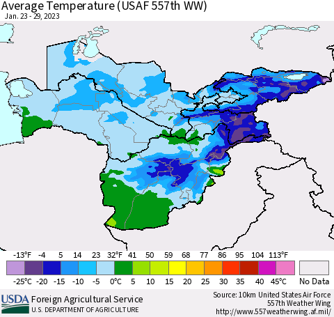 Central Asia Average Temperature (USAF 557th WW) Thematic Map For 1/23/2023 - 1/29/2023
