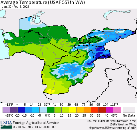 Central Asia Average Temperature (USAF 557th WW) Thematic Map For 1/30/2023 - 2/5/2023