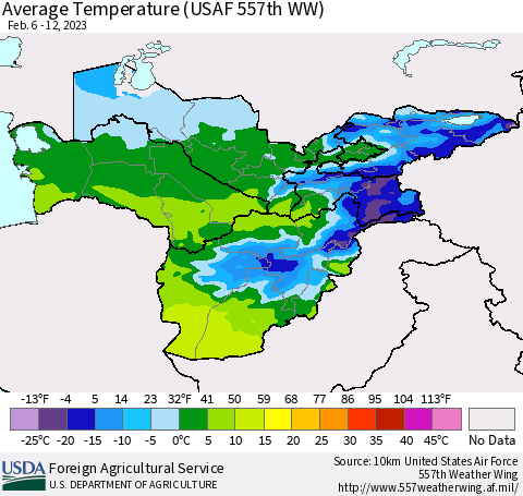 Central Asia Average Temperature (USAF 557th WW) Thematic Map For 2/6/2023 - 2/12/2023