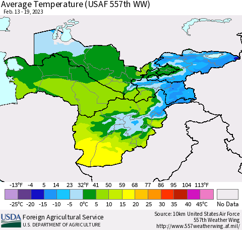 Central Asia Average Temperature (USAF 557th WW) Thematic Map For 2/13/2023 - 2/19/2023