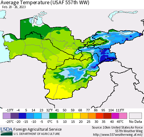 Central Asia Average Temperature (USAF 557th WW) Thematic Map For 2/20/2023 - 2/26/2023
