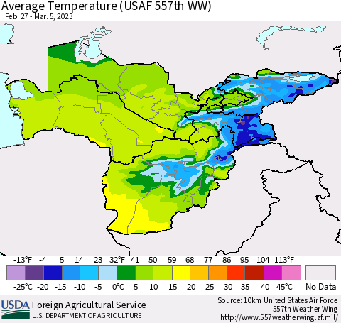 Central Asia Average Temperature (USAF 557th WW) Thematic Map For 2/27/2023 - 3/5/2023