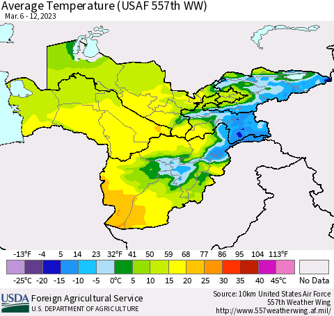 Central Asia Average Temperature (USAF 557th WW) Thematic Map For 3/6/2023 - 3/12/2023