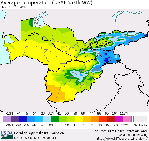 Central Asia Average Temperature (USAF 557th WW) Thematic Map For 3/13/2023 - 3/19/2023