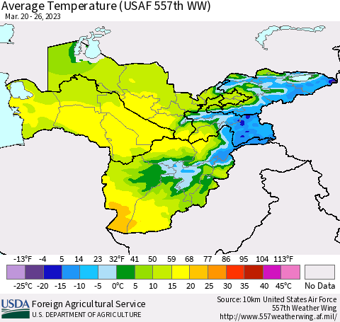 Central Asia Average Temperature (USAF 557th WW) Thematic Map For 3/20/2023 - 3/26/2023