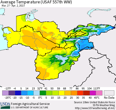 Central Asia Average Temperature (USAF 557th WW) Thematic Map For 3/27/2023 - 4/2/2023