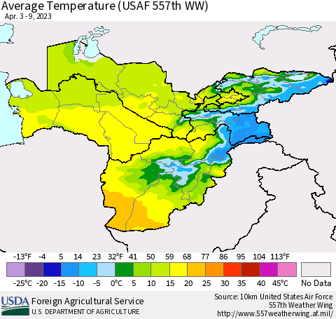Central Asia Average Temperature (USAF 557th WW) Thematic Map For 4/3/2023 - 4/9/2023