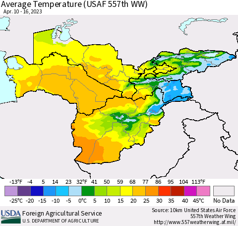 Central Asia Average Temperature (USAF 557th WW) Thematic Map For 4/10/2023 - 4/16/2023