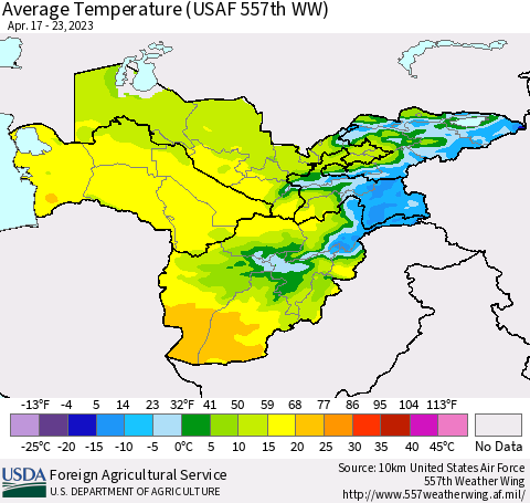 Central Asia Average Temperature (USAF 557th WW) Thematic Map For 4/17/2023 - 4/23/2023