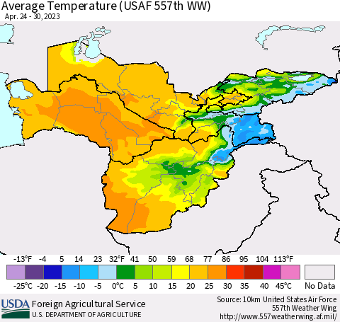 Central Asia Average Temperature (USAF 557th WW) Thematic Map For 4/24/2023 - 4/30/2023