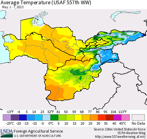 Central Asia Average Temperature (USAF 557th WW) Thematic Map For 5/1/2023 - 5/7/2023