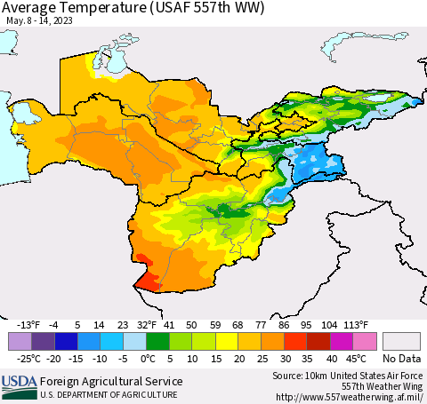 Central Asia Average Temperature (USAF 557th WW) Thematic Map For 5/8/2023 - 5/14/2023