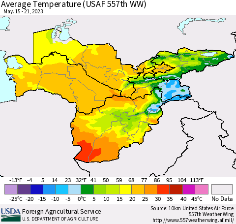 Central Asia Average Temperature (USAF 557th WW) Thematic Map For 5/15/2023 - 5/21/2023