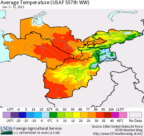 Central Asia Average Temperature (USAF 557th WW) Thematic Map For 6/5/2023 - 6/11/2023