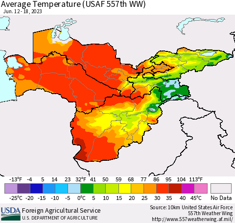 Central Asia Average Temperature (USAF 557th WW) Thematic Map For 6/12/2023 - 6/18/2023