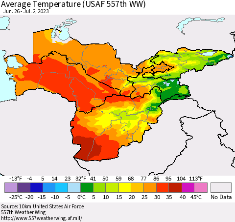 Central Asia Average Temperature (USAF 557th WW) Thematic Map For 6/26/2023 - 7/2/2023