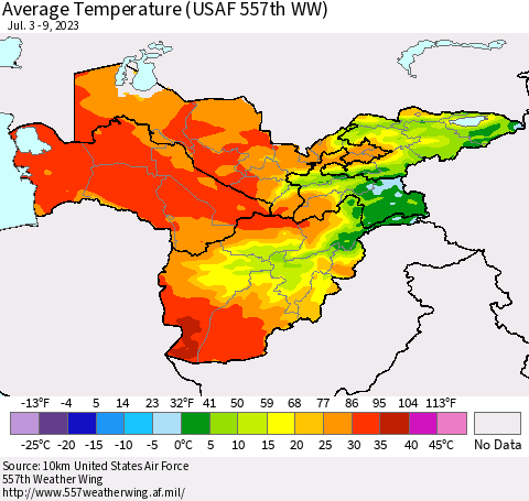 Central Asia Average Temperature (USAF 557th WW) Thematic Map For 7/3/2023 - 7/9/2023