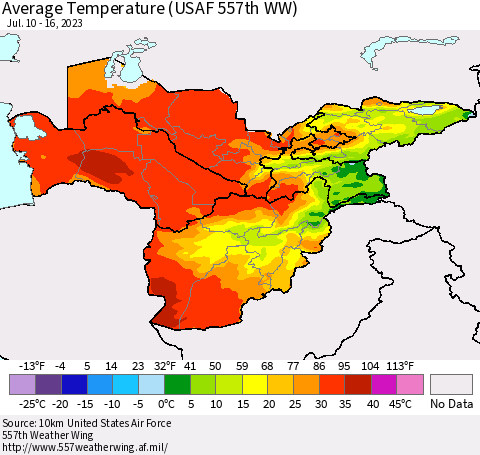 Central Asia Average Temperature (USAF 557th WW) Thematic Map For 7/10/2023 - 7/16/2023