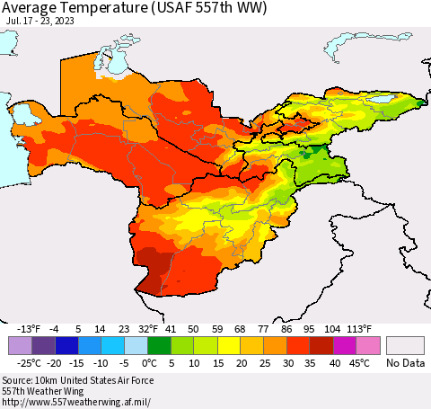 Central Asia Average Temperature (USAF 557th WW) Thematic Map For 7/17/2023 - 7/23/2023