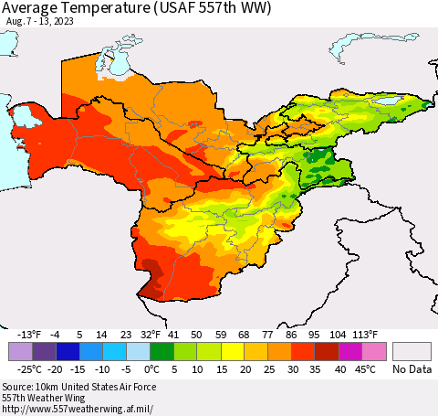 Central Asia Average Temperature (USAF 557th WW) Thematic Map For 8/7/2023 - 8/13/2023