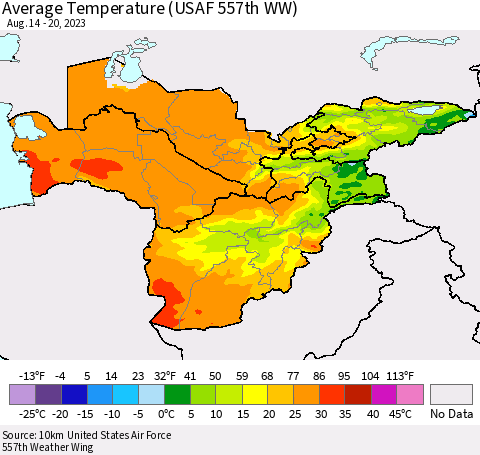 Central Asia Average Temperature (USAF 557th WW) Thematic Map For 8/14/2023 - 8/20/2023