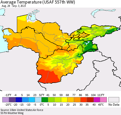 Central Asia Average Temperature (USAF 557th WW) Thematic Map For 8/28/2023 - 9/3/2023