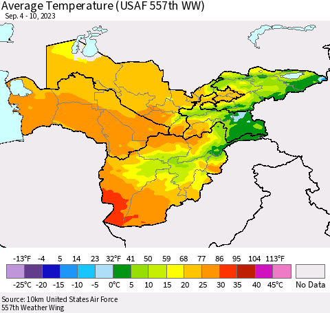 Central Asia Average Temperature (USAF 557th WW) Thematic Map For 9/4/2023 - 9/10/2023