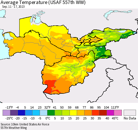 Central Asia Average Temperature (USAF 557th WW) Thematic Map For 9/11/2023 - 9/17/2023