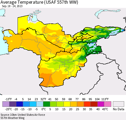 Central Asia Average Temperature (USAF 557th WW) Thematic Map For 9/18/2023 - 9/24/2023