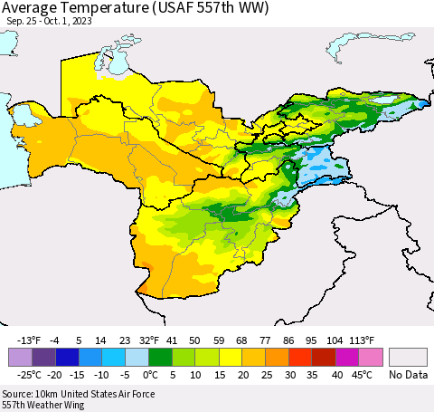 Central Asia Average Temperature (USAF 557th WW) Thematic Map For 9/25/2023 - 10/1/2023