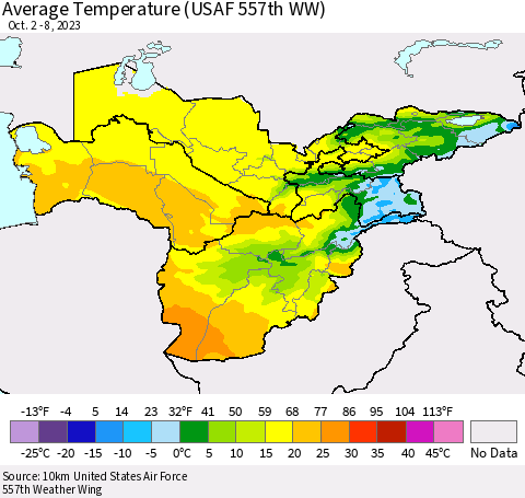 Central Asia Average Temperature (USAF 557th WW) Thematic Map For 10/2/2023 - 10/8/2023