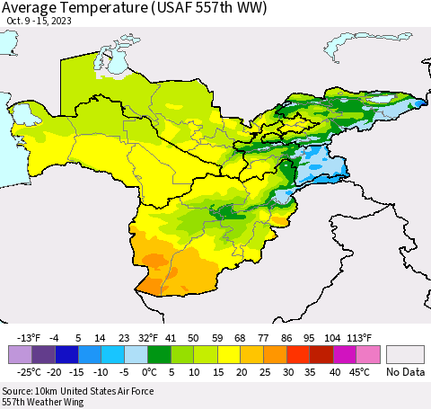 Central Asia Average Temperature (USAF 557th WW) Thematic Map For 10/9/2023 - 10/15/2023