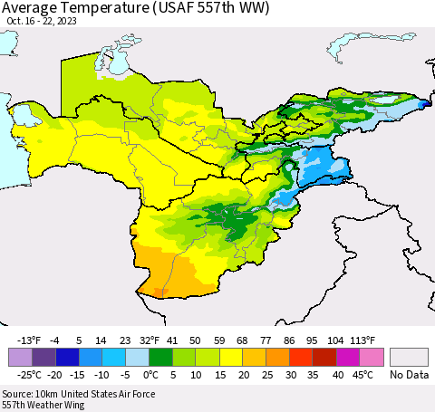 Central Asia Average Temperature (USAF 557th WW) Thematic Map For 10/16/2023 - 10/22/2023