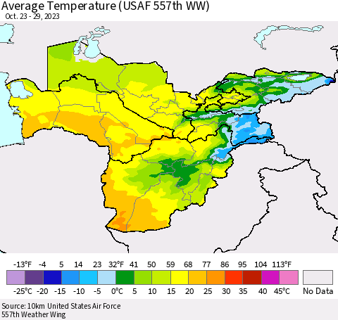 Central Asia Average Temperature (USAF 557th WW) Thematic Map For 10/23/2023 - 10/29/2023