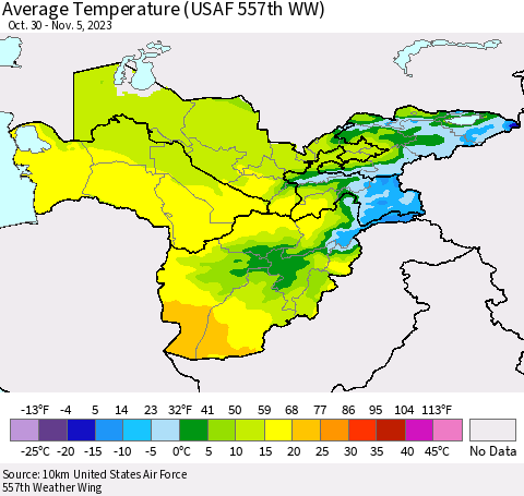 Central Asia Average Temperature (USAF 557th WW) Thematic Map For 10/30/2023 - 11/5/2023